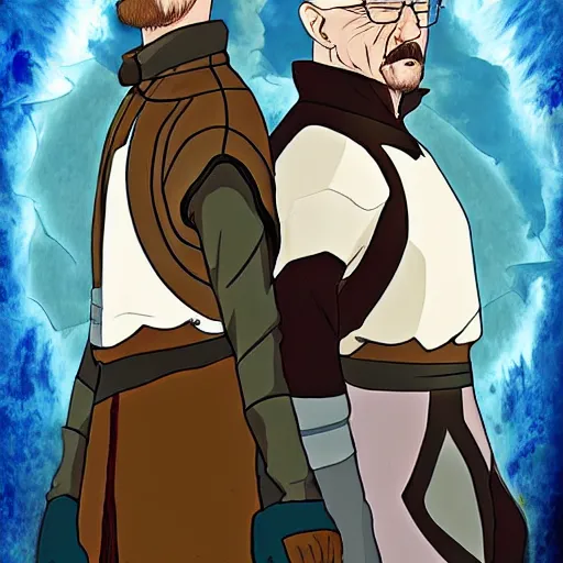 Image similar to Walter White and Jesse Pinkman in avatar the last Airbender, screenshot, still, digital art, highly detailed, in the style of Avatar the Last airbender, in the style of The Legend of Korra