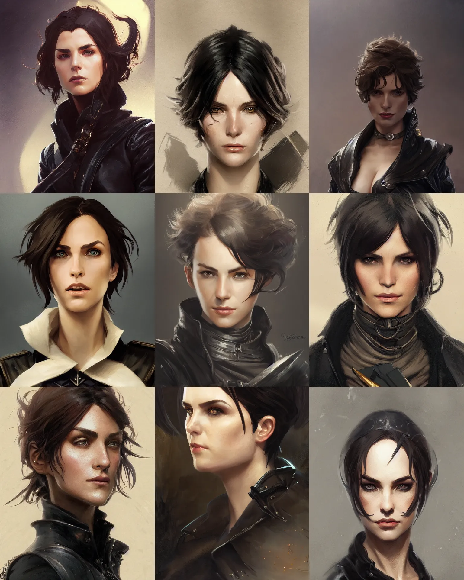 Prompt: Face portrait kate bekinsale as dnd thief with a black leather coat, short hair, natural skin, fantasy, d&d, high detail, digital painting, artstation, concept art, sharp focus, illustration, art by greg rutkowski and alphonse mucha