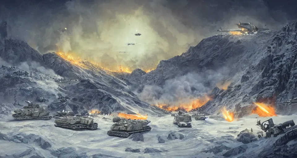 Prompt: snowy mountain, second world war fighting against ufo, aliens, tanks, jet fighters, missiles, with anti aircraft guns, with fire and smoke in the background by eugene von guerard, ivan shishkin, dramatic lighting, concept art, trending on artstation, 8 k