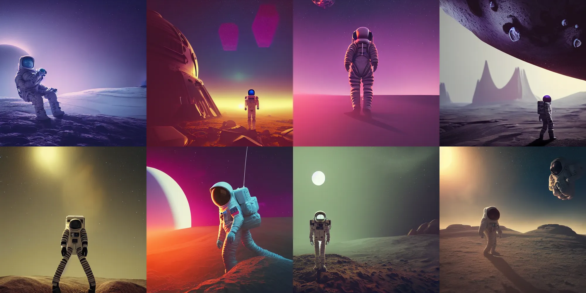 Prompt: creepy astronaut, beautiful dark landscape, in the style of beeple and mike winkelmann, intricate, epic lighting, cinematic composition, hyper realistic, 8 k resolution, unreal engine 5, raytracing, ultraviolet colors,