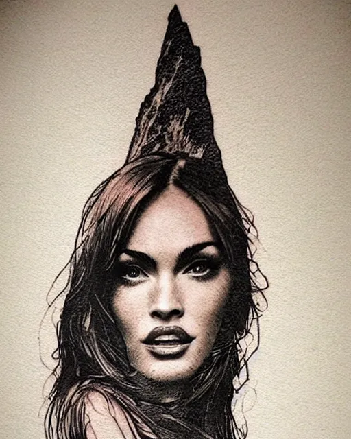 Image similar to double exposure tattoo sketch of megan fox faded with a beautiful mountain scenery, in the style of matteo pasqualin, amazing detail, sharp