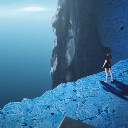 Prompt: a girl standing on the edge of a cliff, staring into a blue particle void, about to jump in it, 4k detailed