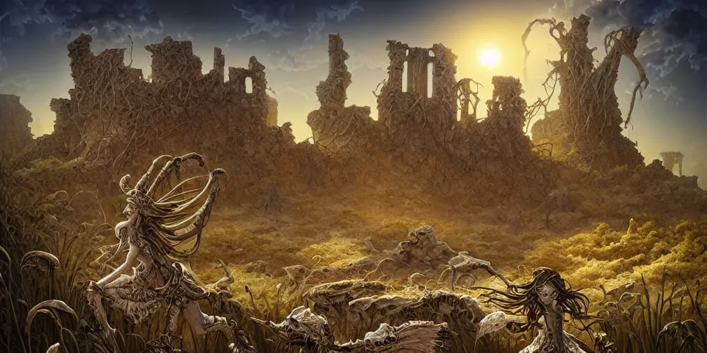 Image similar to a fantasy night desert landscape, ruins, bones, overgrown, arid ecosystem, digital illustration by michael whelan and leyendecker and artgerm, intricate details, surreal, photorealistic, award winning