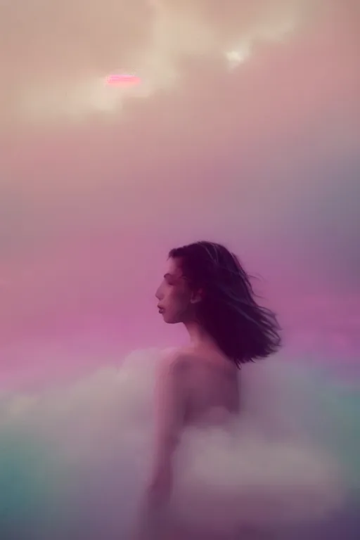 Image similar to high quality pastel coloured film close up wide angle photograph of a model wearing clothing swimming on cloud furniture in a icelandic black rock!! environment in a partially haze filled dreamstate world. three point light, rainbow. photographic production. art directed. pastel colours. volumetric clouds. pastel gradient overlay. waves glitch artefacts. extreme facial clarity. 8 k. filmic.