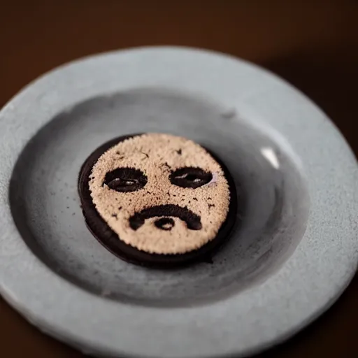 Image similar to an oreo with the imprint of the devils face on the chocolate cookie, photography, cinematic