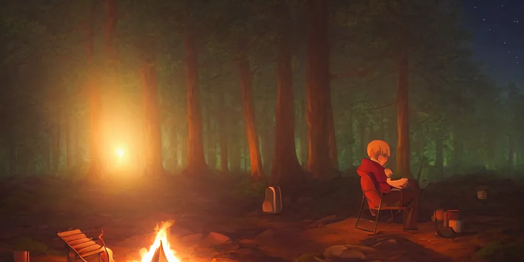Prompt: a wholesome animation key shot of a focused traveler sitting at a campfire at night, medium shot, waist up, studio Ghibli, Pixar and Disney animation, sharp, very detailed, high resolution, Rendered in Unreal Engine 5, anime key art by Greg Rutkowski, Bloom, dramatic lighting