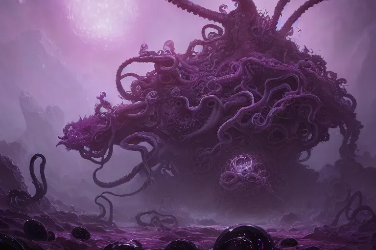 Prompt: An Eldritch Organic Living Empire of The Void made of eyeballs and tentacles, Purple and Blue colored, 4k, masterpiece, cinematic, glowing, by Greg Rutkowski, Trending on Artstation, Behance. Polished, Volumetric Lighting