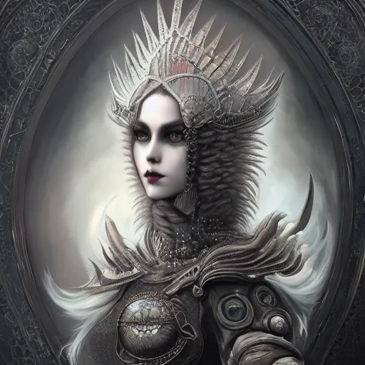 Prompt: tom bagshaw, soft painting fractal curiosities carnival, single beautiful anthropomorphic wolf queen facing camera in full nightshade gothic armor, accurate features, focus, very intricate ultrafine details, black white purple volumetric clouds, award winning masterpiece, octane render 8 k hd