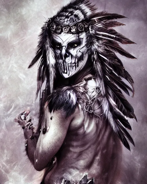 Image similar to wolf - human hybrid mutant ghost - spirit of the grim - warpaint wears the scarlet skull armor and native blood headdress feathers, midnight fog - mist!, dark oil painting colors, realism, cinematic lighting, various refining methods, micro macro autofocus, ultra definition, award winning photo, photograph by ghostwave - gammell - giger - shadowlord