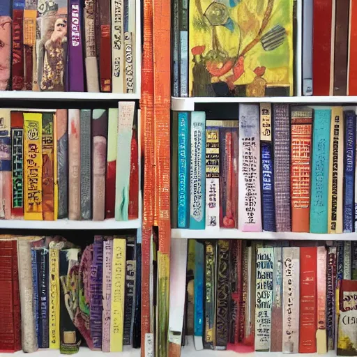 Prompt: bookseller shelves her books outsider art, collage