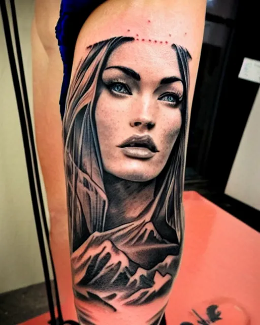 Image similar to double exposure effect tattoo design sketch of megan fox with beautiful mountains, realism tattoo, in the style of andrey lukovnikov, amazing detail, sharp
