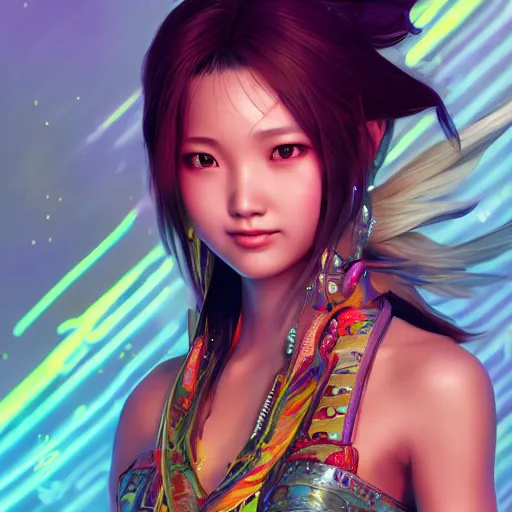 Prompt: a head and shoulders portrait of Yuna from Final Fantasy X, neon, retro, smooth, sharp focus, intricate, artstation, detailed concept art by Rutkowski and Mucha and sky sewa and Marc Simonetti