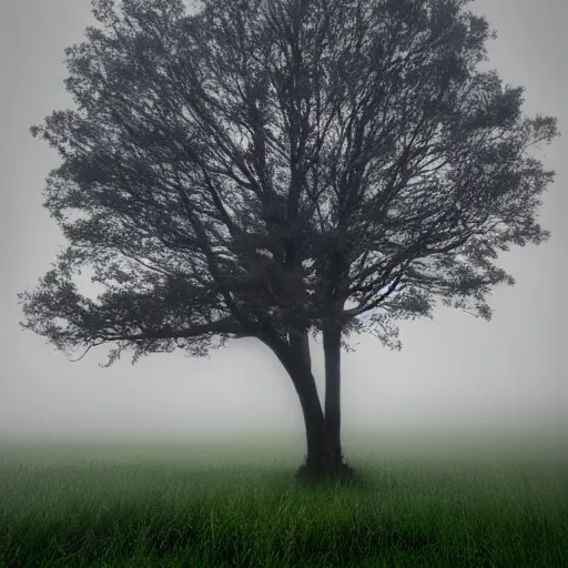 Prompt: dramatic backlit tall lone oak tree in a misty grass field surrounding by a large mountain range