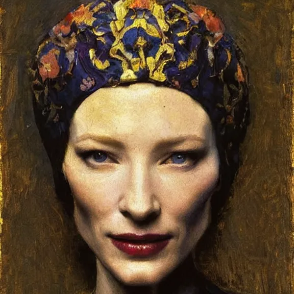 Image similar to cate blanchett by Annie Swynnerton and Nicholas Roerich and Vermeer, strong dramatic cinematic lighting , ornate headdress , lost civilizations, smooth, sharp focus, extremely detailed