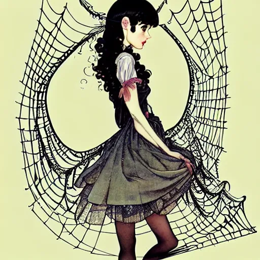 Image similar to portrait of an absurdly graceful, elegant, sophisticated, fashionably dressed, emo girl enveloped in spider web, by norman rockwell, range murata, pixar, studio ghibli, intricate line work, beautiful, trending on pinterest, artstation 8 k