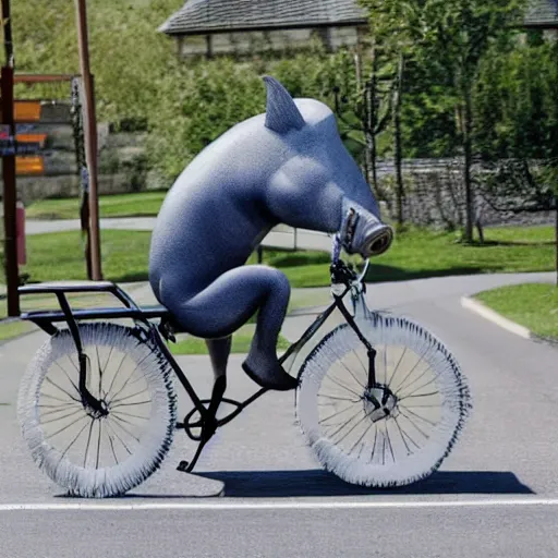 Image similar to an inside-out pig riding a bicycle