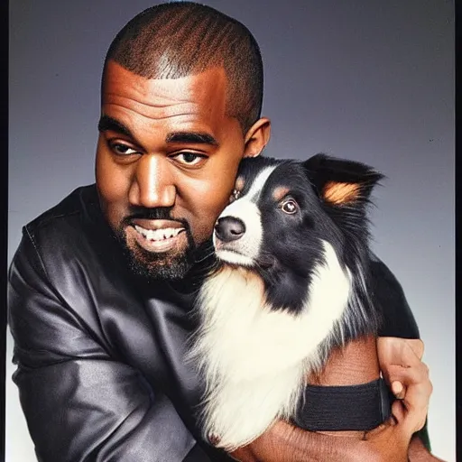 Image similar to Kanye West holding a Border Collie for a 1990s sitcom tv show, Studio Photograph, portrait C 12.0