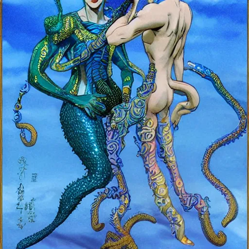 Prompt: concept designs for a blue merman that is ethereal and wears arm length golden gloves, his legs conjoin to form a serpents tail, and his clothes are inspired by a golden peacock, art by yuji ikehata and satoshi kon and miyazaki ghibli, anime