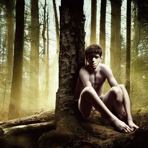 Prompt: a teenage boy, around 1 9 yo. choker necklace. natural brown hair. loincloth, pale skin. detailed face. ominous and eerie looking forest i'm background. natural colors.