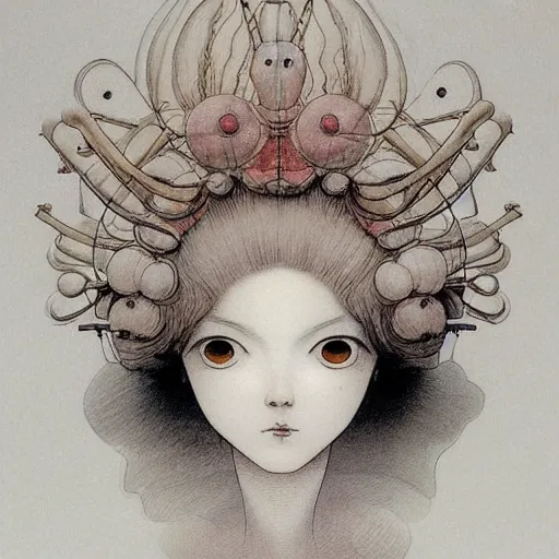 Image similar to prompt: Fragile looking vessel portrait face drawn by Katsuhiro Otomo, inspired by Carlo Dolci, magical and alchemical objects on the side, soft light, white background, intricate detail, intricate ink painting detail, sharp high detail, manga and anime 2000