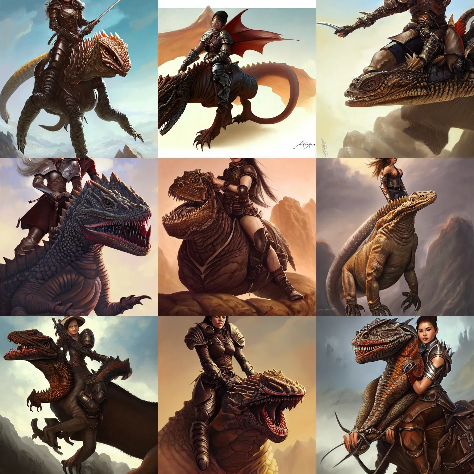 Prompt: Portrait of Christy Ren riding on the back of a saddled giant lizard, D&D, fantasy, portrait, leather armor ,highly detailed, digital painting, trending on artstation, concept art, sharp focus, illustration, art by artgerm and greg rutkowski and magali villeneuve