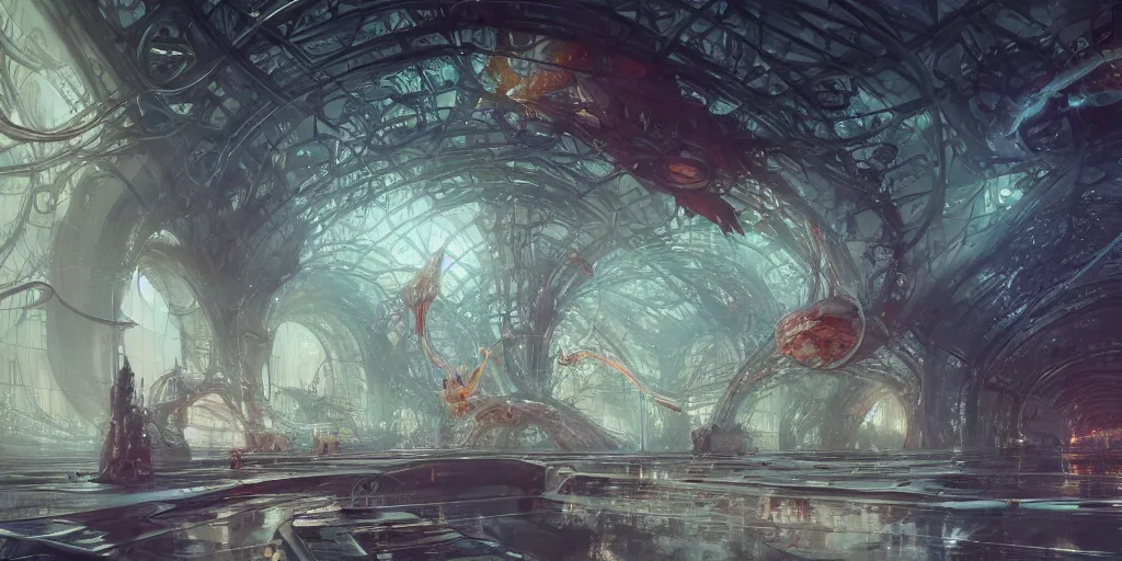 Prompt: a beautiful insanely detailed modern metro station intricate detailed color smashing fluid oilpaint, 3 d render, hyper realistic detailed, sharp, melting wax, fluid acrilic, thin fractal tendrils, scifi, fantasy, hyper detailed, octane render, concept art, by peter mohrbacher, by wlop, by ruan jia