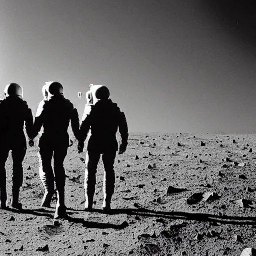 Prompt: a gay couple taking a stroll on the moon, with the earth showing in the pitch black sky