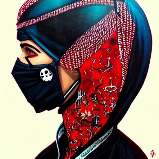 Image similar to a portrait of a saudi woman with side profile blood in ocean intricate details wearing a diver mask by MARVEL comics and Sandra Chevrier-C