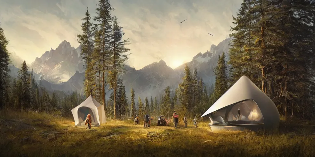 Image similar to cabela's tent futuristic pop up family pod, cabin, modular, person in foreground, mountainous forested wilderness open fields, beautiful views, painterly concept art, joanna gaines, environmental concept art, farmhouse, magnolia, concept art illustration by ross tran, by james gurney, by craig mullins, by greg rutkowski trending on artstation