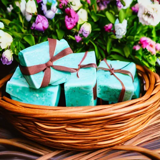 Image similar to beautiful and bright advertising, photography of a package of handmade mint chocolate scented soap blocks, wrapped in dark brown ribbons, sitting in a basket of flowers, studio quality, hdr 8 k photograph