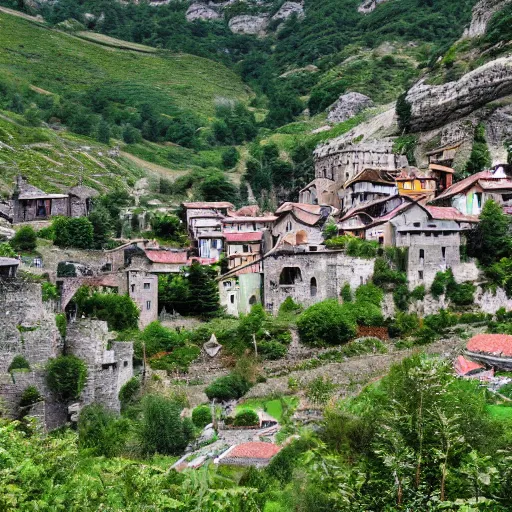 Prompt: medieval village in a mountain valley