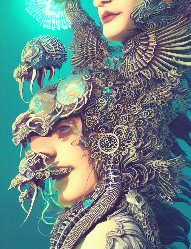 Image similar to 3 d goddess close - up profile solarpunk portrait ram skull. beautiful intricately detailed japanese crow kitsune mask and clasical japanese kimono. betta fish, jellyfish phoenix, bio luminescent, plasma, ice, water, wind, creature, artwork by tooth wu and wlop and beeple and greg rutkowski