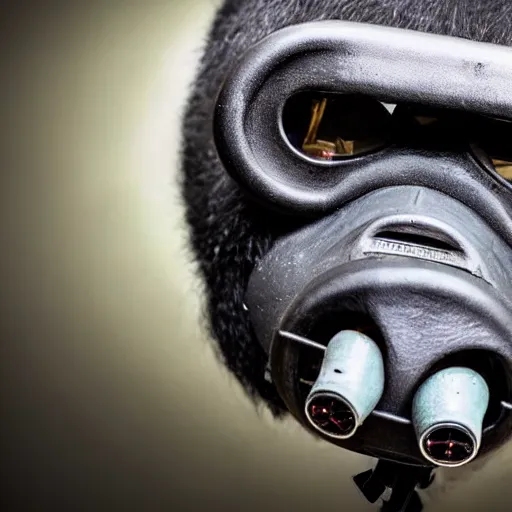 Prompt: high quality photo of A gorilla wearing a world war 2 gas mask in a lab with neon lights, realism, 8k, award winning photo