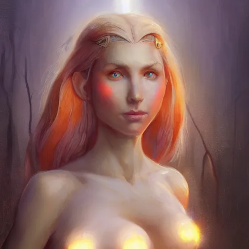 Image similar to a painting of an female elf wearing a skintight dress with blonde hair red eyes. by edward robert hughes and craig davison and tooth wu and wlop and beeple and greg rutkowski. trending on artstation, highly detailed, volumetric lightning