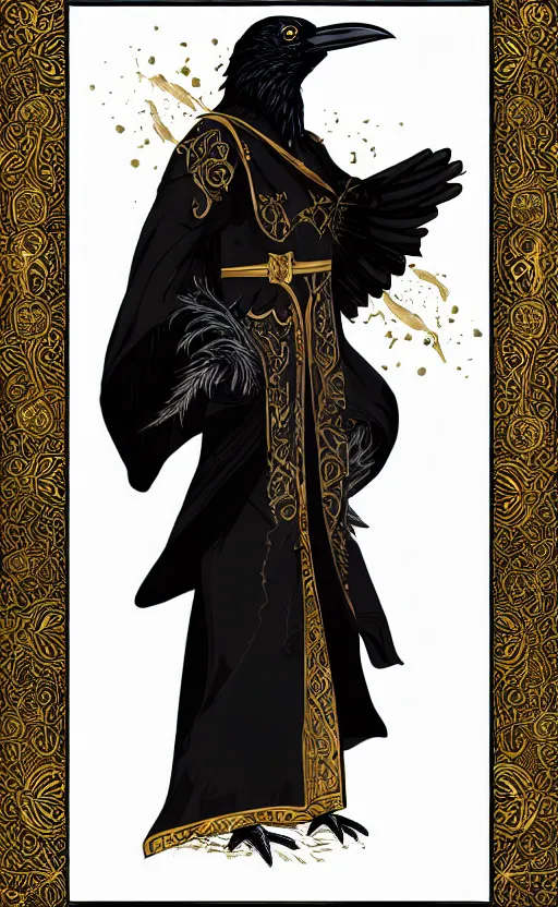 Image similar to raven headed male warlock doing wind magic, white and gold robes, exquisite details, full body character design on a white background, by studio muti