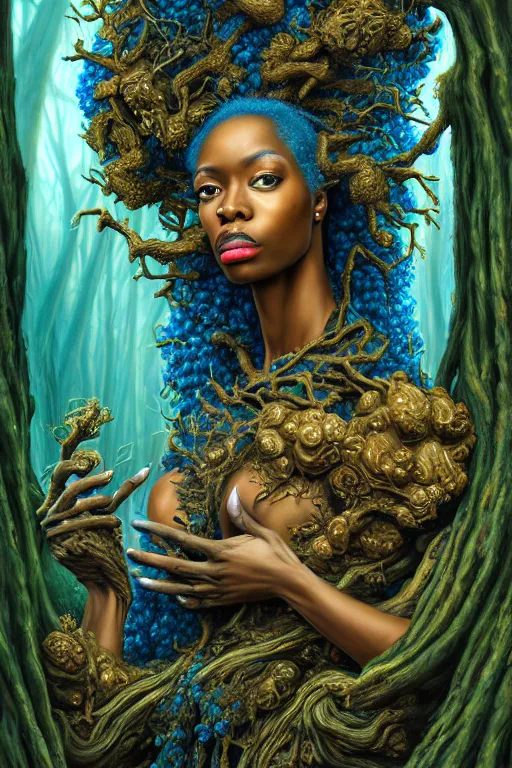 Prompt: hyperrealistic post-rococo super expressive! black woman with exoskeleton armor, merging with tree in a forest, highly detailed digital art masterpiece smooth cam de leon hannah yata dramatic pearlescent blue teal light ground angle hd 8k sharp focus