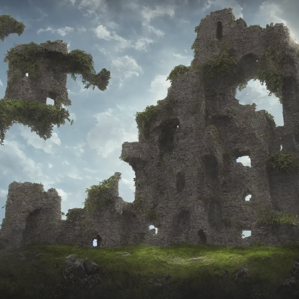 Image similar to looking up at a ruined castle on a small island only reachable by a small land bridge, 8 k, ultra realistic cinematic, intricate, cinematic light, concept art, illustration, art station