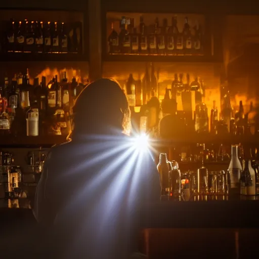 Image similar to a still of jesus sitting down on a stool at the bar, last call. it's dark and smoky. god rays through fog.