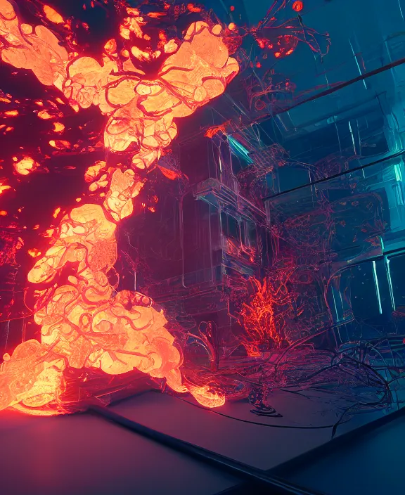 Image similar to intricate transparent clear see - through image of fire, robotic environment, colorful psychedelic, ultra realistic, concept art, modern art, photorealistic, octane render, 8 k, unreal engine. art by nori inoguchi and sam kaplan and zachary goulko and christopher marley