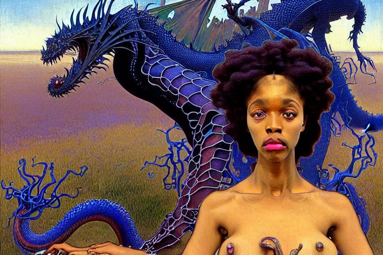 Prompt: realistic extremely detailed closeup portrait painting of a beautiful black woman, mutant dragon and a single old house on background by Jean Delville, Amano, Yves Tanguy, Alphonse Mucha, Ernst Haeckel, Edward Robert Hughes, Roger Dean, rich moody colours