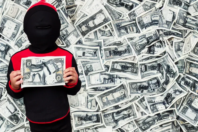 Prompt: A stunning beautiful professional photograph of a kid in a ski mask holding two full bags of cash, from popular magazine, award-winning photography, taken with Leica, sigma art lens, full body shot, highest resolution, highest quality