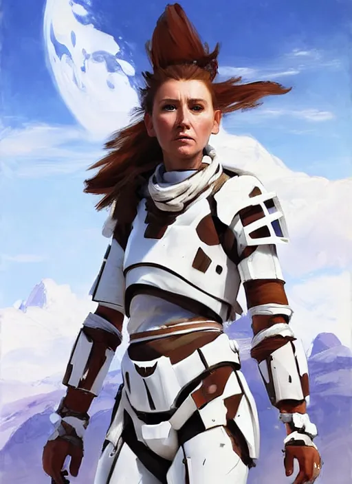 Image similar to portrait of a caucasian Aloy from Horizon Zero Dawn in white clothes Stormtrooper armor, desert, calm, fantasy character portrait, dynamic pose, above view, sunny day, clouds in the sky, artwork by Jeremy Lipkin and Giuseppe Dangelico Pino and Michael Garmash and Rob Rey and Greg Manchess, very coherent asymmetrical artwork, sharp edges, perfect face, simple form, 100mm