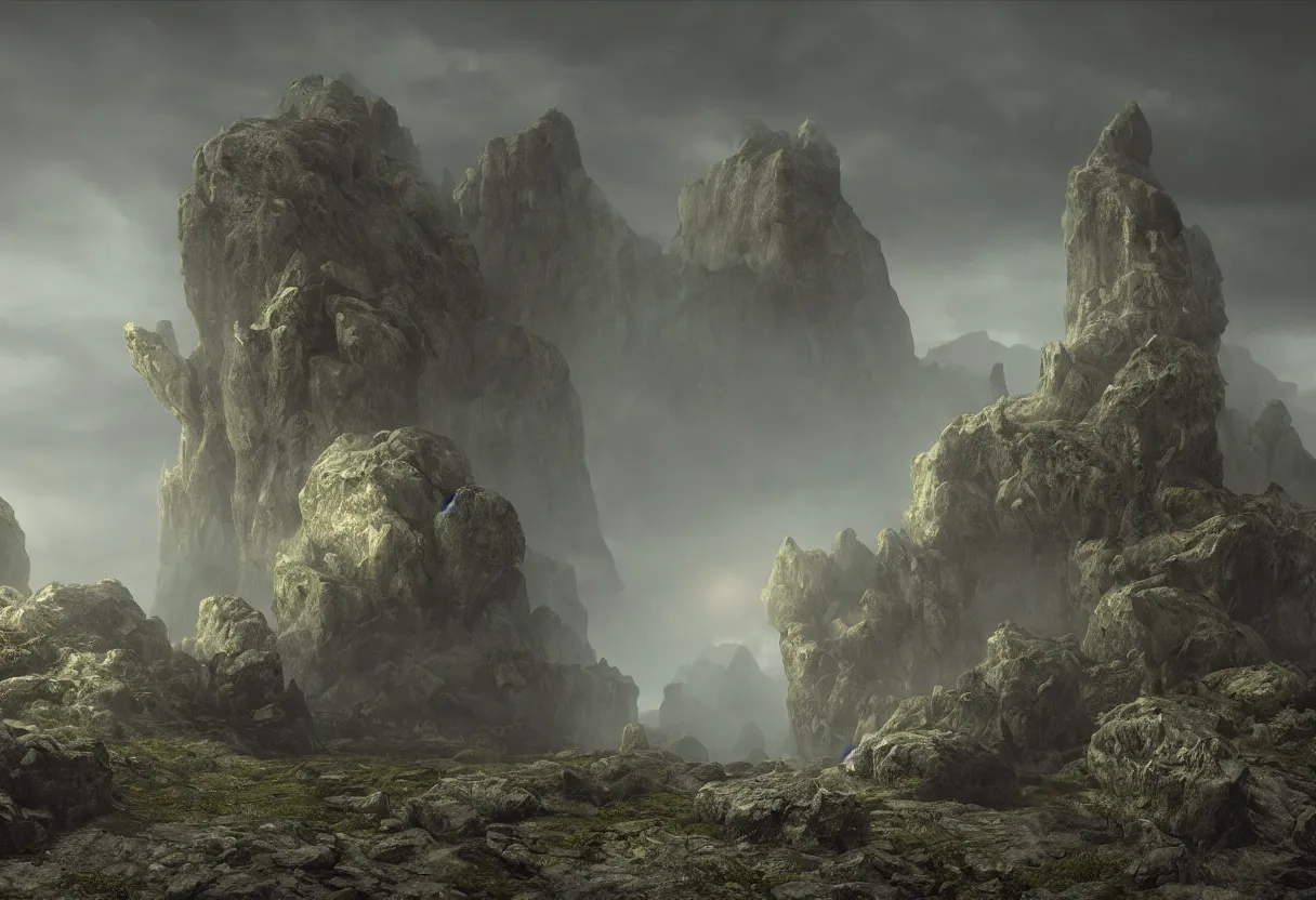 Image similar to Photorealistic epic misty landscape with magically floating rocks, with ominous storm clouds, bioluminescent runes, stones falling from the sky, a gentle rising mist. occult photorealism, UHD, amazing depth, glowing, golden ratio, 3D octane cycle unreal engine 5, volumetric lighting, cinematic lighting, in the style of Michael Whelan and Gustave Dore. Hyperdetailed photorealism, epic scale, misty, 108 megapixels, amazing depth, glowing rich colors, powerful imagery, psychedelic Overtones, concept art