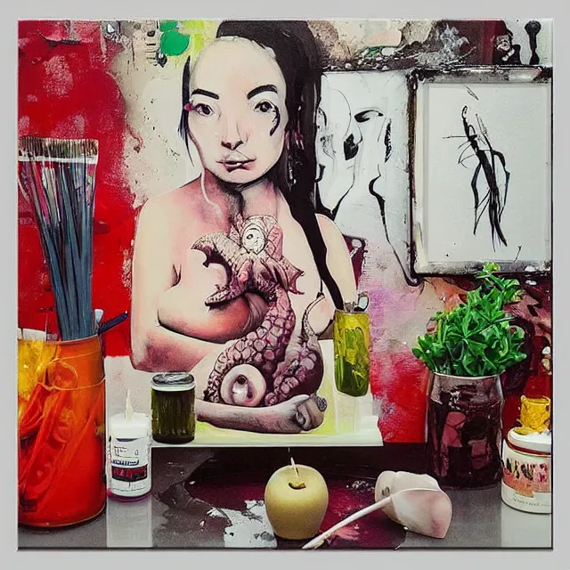 Prompt: “ a portrait in a female art student ’ s apartment, sensual, a pig theme, pork cuts, art supplies, edo, surgical iv bag, octopus, ikebana, herbs, a candle dripping white wax, squashed berries, berry juice drips, acrylic and spray paint and oilstick on canvas, surrealism, neoexpressionism ”