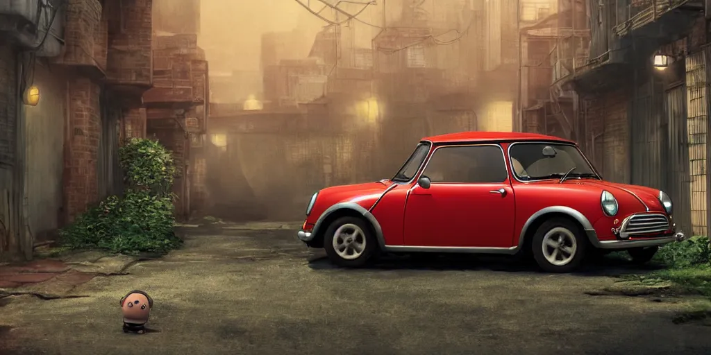 Image similar to a wholesome animation key shot of a focused old Red Mini Cooper car parked in an abandoned alleyway, medium shot, waist up, studio Ghibli, Pixar and Disney animation, sharp, very detailed, high resolution, Rendered in Unreal Engine 5, anime key art by Greg Rutkowski, Bloom, dramatic lighting