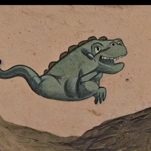 Prompt: a scan of an ancient piece of art on parchment depicting a still of the movie the land before time