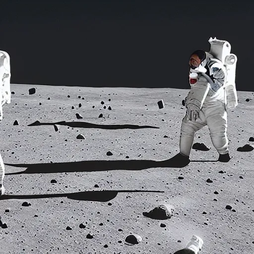 Image similar to astronauts playing football on the moon, Earth in the background, photorealistic