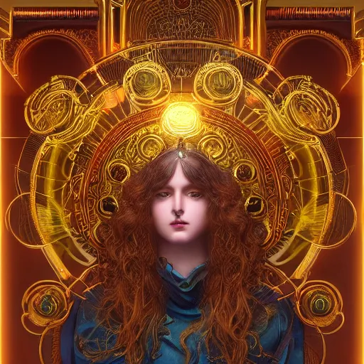 Image similar to ultradetailed ornate pre-raphaelite RPG illustration of beautiful symmetric robot radiating glowing aura, fully clothed with an art deco costume, digital airbrush painting, 3d rim light, hyperrealistic masterpiece, artstation, cgsociety, golden ratio