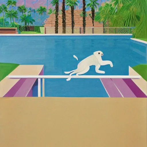 Prompt: medium shot, cream colored havanese dog jumping from a diving board into a pool at a mid century modern house in palm springs, painting by david hockney