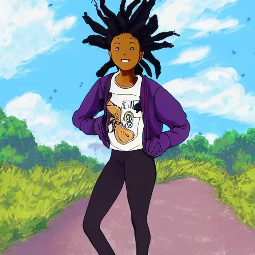 Image similar to black woman with purple dreads longboarding in space in the style of ghibli